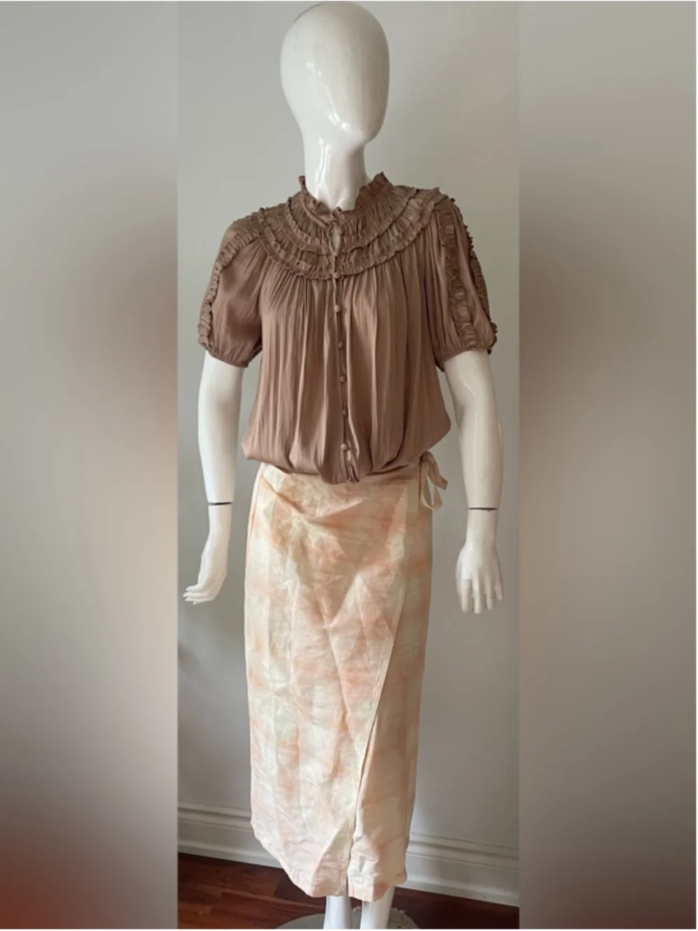 Anthropologie Pleated Ruffle Blouse – Taupe | Size Small